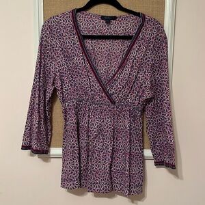 Boden blouse. Purple and blue leaf pattern. Size UK 14.